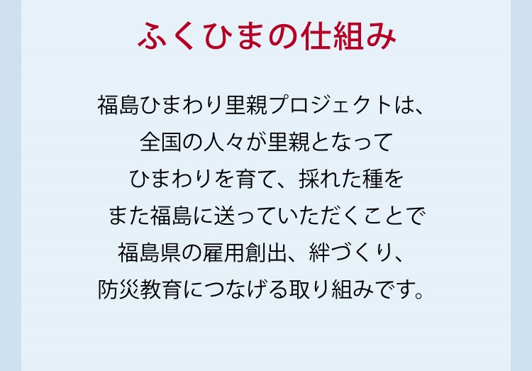 ふくひまの仕組み福島ひまわり里親プロジェクトは、全国の人々が里親となってひまわりを育て、採れた種をまた福島に送っていただくことで福島県の雇用創出、絆づくり、防災教育につなげる取り組みです。
