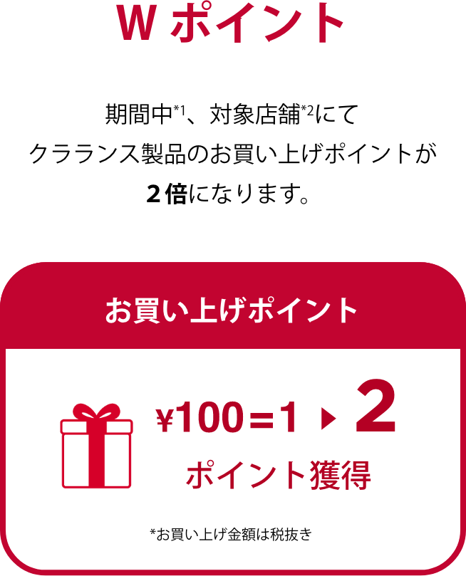 W ポイント 期間中*1、対象店舗*2にてクラランス製品のお買い上げポイントが２倍になります。 お買い上げ¥100で２ポイント獲得 *お買い上げ金額は税抜き>